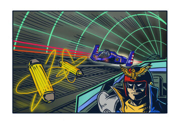 1boy action aircraft armor blue_coat blue_falcon border capsule captain_falcon close-up closed_mouth coat f-zero f-zero_gx flying_car guard_rail helmet high_collar hover_vehicle jrcomicart male_focus mask motion_lines nintendo pauldrons race_vehicle red_headwear scarf science_fiction shoulder_armor single_pauldron solo speed_lines thrusters tunnel white_border white_eyes yellow_scarf