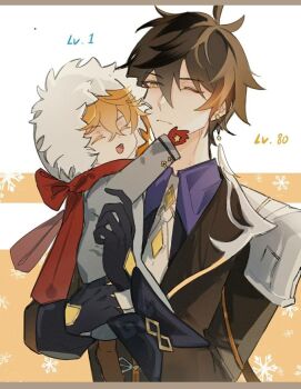 2boys aged_down genshin_impact highres holding_person level_difference multiple_boys red_scarf scarf tartaglia_(genshin_impact) tenpotsofwine(artist) zhongli_(genshin_impact)