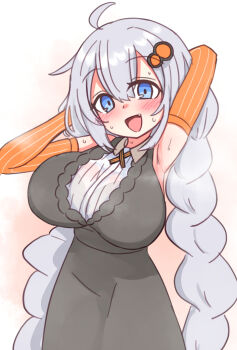 1girl :d ahoge arm_up armpits blue_eyes bra_visible_through_clothes braid breasts chabatake_yunomi fang highres huge_breasts kizuna_akari long_hair open_mouth simple_background sleeveless smile solo steaming_body twin_braids voiceroid white_hair