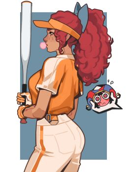 2girls absurdres baseball_bat black_eyes blowing_bubble_gum blue_bow blush bow chewing_gum commentary fluffy_hair full-face_blush gloves hair_bow highres holding holding_baseball_bat jersey lara_jenn long_hair multiple_girls pants pomni_(the_amazing_digital_circus) ponytail ragatha_(the_amazing_digital_circus) shirt softball_uniform solo_focus sportswear the_amazing_digital_circus visor_cap white_pants yellow_gloves yellow_shirt yuri