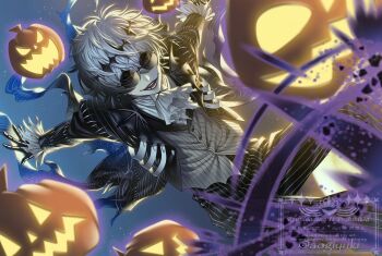 1boy aogiyuki black_crown crown diamond_hairband formal_clothes gloves highres jacket long_sleeves looking_at_viewer male_focus missing_tooth pinstripe_pattern pinstripe_suit pinstripe_vest pumpkin round_eyewear short_hair skully_j._graves smile solo striped_clothes striped_jacket striped_vest suit the_nightmare_before_christmas twisted_wonderland vertical-striped_clothes vertical-striped_vest vest white_hair