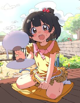 1girl 74iiii_namu :d backyard black_hair blush brown_eyes cushion day fanning food hair_bobbles hair_ornament hand_fan highres idolmaster idolmaster_million_live! looking_at_viewer nakatani_iku one_side_up open_mouth paper_fan shirt short_hair short_sleeves sitting skirt smile solo sweat wariza zabuton