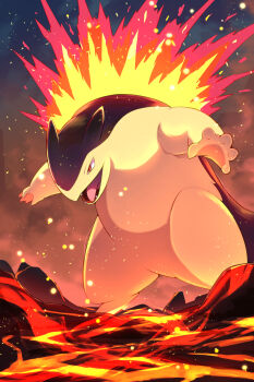 commentary_request fire gen_2_pokemon highres hunched_over looking_down night nintendo open_mouth outdoors pokemon pokemon_(creature) pokemon_focus red_eyes rumine_(yoshi1234567) sky smoke solo standing teeth tongue typhlosion