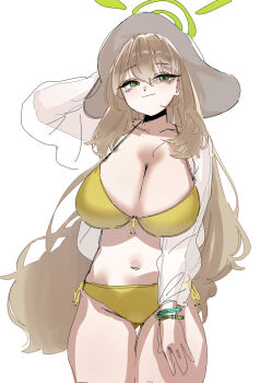 1girl arm_behind_head bikini blonde_hair blue_archive breasts cleavage cowboy_shot green_eyes halo hat highres huge_breasts long_hair looking_at_viewer navel nonomi_(blue_archive) nonomi_(swimsuit)_(blue_archive) samsick see-through_clothes see-through_sleeves simple_background smile solo swimsuit white_background white_hat yellow_bikini