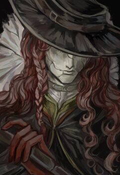 1boy aleph_(reverse:1999) black_background black_cape black_hat cape covered_face cracked_mask facing_viewer gloves hand_up hashtag-only_commentary hat highres long_hair male_focus merlin_(reverse:1999) qwt00tt red_gloves red_hair reverse:1999 solo upper_body white_mask