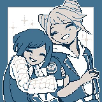 2girls ^_^ arm_hug border closed_eyes collared_shirt cone_hair_bun diagonal_bangs double_bun frilled_shirt frilled_sleeves frills fukurai_azami hair_bun happy hashtag-only_commentary hood hood_down jaggy_lines jasmine_(toshi_densetsu_kaitai_center) jumpsuit long_sleeves lowres monochrome multiple_girls outline shirt short_hair smile sparkle toshi_densetsu_kaitai_center upper_body yuumi_(conpasu_yuuumi3)