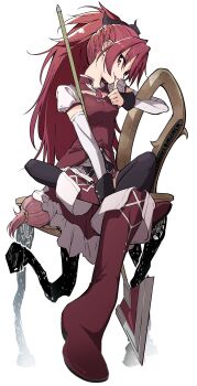 Rule 34 | 1girl, absurdres, black thighhighs, boots, chair, commentary request, detached sleeves, dress, full body, highres, holding, holding polearm, holding weapon, knee boots, kootee-on, long hair, looking at viewer, magical girl, mahou shoujo madoka magica, mahou shoujo madoka magica (anime), mixed-language commentary, on chair, polearm, ponytail, red boots, red dress, red hair, sakura kyoko, sakura kyoko (magical girl), simple background, sitting, solo, soul gem, thighhighs, weapon, white background