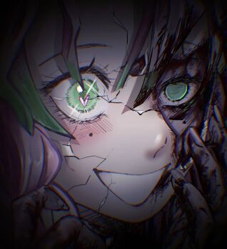 1girl blood blood_in_hair blood_on_face braid commentary_request cracked_kawaii_mask green_eyes green_hair hands_up highres kanroji_mitsuri kiku_0721 kimetsu_no_yaiba long_hair mole mole_under_eye multicolored_hair pink_hair smile solo sparkling_eyes teeth