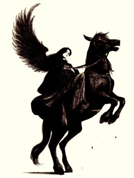 1girl bird_wings black_hair feathered_wings greyscale highres horse horseback_riding long_hair looking_at_viewer monochrome original riding single_wing solo tp_p_pt wings