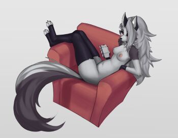 1girl animal_ears armchair body_fur breasts chair collar colored_sclera furry furry_female grey_background grey_fur grey_hair hellaverse helluva_boss highres holding holding_phone long_hair loona_(helluva_boss) nipple_piercing phone piercing red_sclera shiny_skin simple_background snout solo spiked_collar spikes tail thighhighs two-tone_fur white_fur wolf_ears wolf_girl wolf_tail woolrool