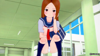 1girl 3d bag blue_skirt blue_socks blush brown_eyes brown_hair ceiling ceiling_light clothes_lift collarbone crotch_seam from_below head_rest karakai_jouzu_no_takagi-san kneehighs long_hair looking_at_viewer looking_down neckerchief nipples panties pantyshot red_neckerchief school_uniform shirt shirt_lift short_sleeves skirt sky smile socks squatting studio_yosshii takagi-san underwear white_panties white_shirt window