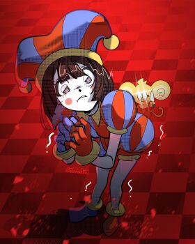 1boy 1girl absurdres artist_self-insert asymmetrical_gloves blue_eyes blue_footwear blue_gloves blue_headwear blush_stickers brown_hair colored_skin full_body gloves hat hat_bell highres holding holding_knife jester jester_cap knife mismatched_gloves multicolored_eyes multicolored_headwear notperera pomni_(the_amazing_digital_circus) red_eyes red_footwear red_gloves red_headwear striped_clothes striped_headwear the_amazing_digital_circus trembling two-tone_eyes vertical-striped_bodysuit vertical-striped_clothes vertical-striped_headwear white_skin