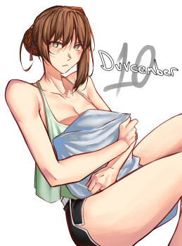 1girl absurdres blush boxers braid breasts brown_hair bun_with_braided_base camisole cleavage closed_mouth commentary dated duvalie eiyuu_densetsu english_commentary english_text green_camisole green_eyes hair_between_eyes hair_bun highres holding holding_pillow large_breasts looking_at_viewer male_underwear moren_eh pillow sen_no_kiseki_(series) short_hair simple_background single_hair_bun single_hair_intake solo underwear upper_body white_background