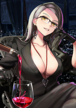 1girl alcohol alternate_costume black_gloves black_jacket black_skirt bottle breasts brown_pantyhose chef_no_kimagure_salad cleavage crossed_legs cup drinking_glass earrings fate/grand_order fate_(series) glasses gloves grey_hair grin highres jacket jewelry koyanskaya_(fate) koyanskaya_(foreigner)_(first_ascension)_(fate) large_breasts long_hair long_sleeves looking_at_viewer necklace pantyhose pencil_skirt red_wine sitting skirt smile solo swept_bangs wine wine_bottle wine_glass yellow_eyes
