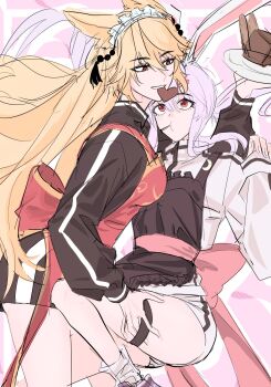 2girls adapted_costume alternate_costume animal_ears apron back_bow blonde_hair blush bow breasts brown_apron brown_jacket cake candy chocolate chocolate_heart closed_mouth commentary_request cowboy_shot crescent crescent_pin fingernails floating_hair food food_in_mouth fox_ears fox_girl frills from_side hair_between_eyes hair_ornament hairclip hand_up heart heart-shaped_food highres holding holding_plate jacket junko_(touhou) kemonomimi_mode korean_commentary large_bow long_hair long_sleeves looking_at_another looking_up maid_headdress medium_breasts multiple_girls pink_background pink_bow plate pom_pom_(clothes) pom_pom_hair_ornament puffy_long_sleeves puffy_sleeves purple_hair rabbit_ears rabbit_girl red_apron red_bow red_eyes reisen_udongein_inaba short_shorts shorts sidelocks simple_background smile standing tassel tassel_hair_ornament teeth thigh_strap thighs touhou track_jacket tt_orang wavy_hair white_jacket white_shorts x_hair_ornament yuri zipper