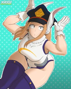 1girl artist_name bare_shoulders black_hat blonde_hair blue_thighhighs boku_no_hero_academia breasts brown_eyes cosplay daimus_raw female_focus fur_collar gloves hat heattech_leotard highleg highleg_leotard large_breasts leotard looking_at_viewer medium_hair mirko_(cosplay) parted_lips patreon_username peaked_cap rabbit_ears sidelocks solo superhero_costume thighhighs thighs utsushimi_kemii watermark white_gloves white_leotard