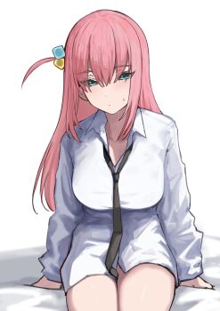 1girl absurdres aqua_eyes black_necktie blush bocchi_the_rock! breasts closed_mouth collarbone collared_shirt cube_hair_ornament gotoh_hitori hair_between_eyes hair_ornament highres large_breasts long_hair long_sleeves looking_at_viewer necktie one_side_up pink_hair shirt si_farid sitting solo thighs white_background white_shirt