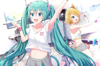 2girls aqua_hair arm_tattoo arm_up armpits blonde_hair blush breasts chromatic_aberration collarbone commentary crop_top crossed_bangs fortissimo grey_shorts hair_between_eyes hair_ornament hair_ribbon hairclip halftone hatsune_miku highres itogari kagamine_rin long_hair medium_breasts multicolored_ribbon multiple_girls musical_note musical_note_hair_ornament navel one_eye_closed open_mouth orange_ribbon pink_nails ribbon scrunchie shirt short_sleeves shorts sidelocks sleeveless sleeveless_shirt small_breasts smile strap sweat sweatband swept_bangs tattoo twintails upper_body very_long_hair vocaloid white_ribbon white_shirt wristband