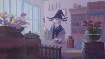 1girl animal_ears book book_stack braid ears_down erlenmeyer_flask expressionless flask flower flower_pot hair_between_eyes hair_over_shoulder hat holding holding_flask indoors jar long_hair low-braided_long_hair low-tied_long_hair mortar_(bowl) original pestle potion purple_flower purple_hair retro_nakamura robe shelf solo window witch witch_hat yellow_flower