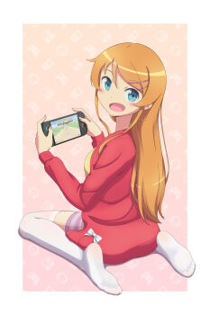 1girl absurdres blue_eyes border commentary english_commentary fang full_body hair_ornament hairclip handheld_game_console highres holding holding_handheld_game_console jacket kirby_(series) kirby_air_ride kirby_air_riders kousaka_kirino long_hair long_sleeves looking_at_viewer looking_back nintendo nintendo_switch_2 open_mouth orange_hair ore_no_imouto_ga_konna_ni_kawaii_wake_ga_nai outside_border parallel_hairclips purple_shorts red_jacket scarletsky shorts sitting smile solo thighhighs wariza white_border white_thighhighs
