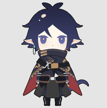 Rule 34 | 1boy, 676643396dolce, :o, arknights, arm at side, black cape, black pants, black shirt, black shoes, blue eyes, blue hair, cape, chinese commentary, commentary request, earrings, full body, high collar, jewelry, male focus, pants, pointy ears, red cape, shirt, shoes, simple background, single earring, snake boy, snake tail, solo, tail, two-sided cape, two-sided fabric, white background, zuo le (arknights)