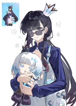 1girl absurdres black_hair cerydra_(honkai:_star_rail) character_doll crown doll dress earrings grey_eyes highres holding holding_stuffed_toy honkai:_star_rail honkai_(series) hysilens_(honkai:_star_rail) jewelry long_hair long_sleeves looking_at_viewer mini_crown multiple_views shrug_(clothing) simple_background smile stuffed_animal stuffed_toy upper_body very_long_hair white_background white_dress xianyuqihaouki