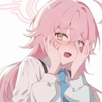 1girl ahoge backlighting blue_archive blue_eyes blue_necktie blush close-up collared_shirt commentary_request crossed_bangs embarrassed fangs hair_between_eyes hair_flaps halo hands_on_own_cheeks hands_on_own_face hands_up heterochromia highres hoshino_(blue_archive) hyuji_0w0 korean_commentary long_hair long_sleeves looking_at_viewer necktie nose_blush open_mouth peeking_through_fingers pink_hair pink_halo puffy_long_sleeves puffy_sleeves saliva school_uniform shirt simple_background solo suspenders white_background white_shirt yellow_eyes