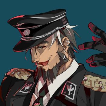 1boy black_coat black_gloves black_hair black_necktie blue_background coat colored_tips commentary dress_shirt ear_piercing earrings epaulettes facial_hair facing_to_the_side gloves goatee green_necktie grey_hair gurast half-closed_eye hand_up hat jewelry licking_lips looking_to_the_side male_focus mature_male medium_sideburns military_hat military_uniform multicolored_hair mutton_chops necktie old old_man original piercing red_eyes shirt sideburns spiked_hair stud_earrings teasing thick_eyebrows tongue tongue_out upper_body waffen-ss white_shirt white_trim