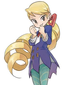 1girl blonde_hair blue_dress blue_pantyhose dress long_hair looking_at_viewer low_ponytail luna_platz_(mega_man) mega_man_(series) mega_man_star_force_(series) pantyhose ponytail sakino_(sanodon) simple_background smile striped_clothes striped_pantyhose very_long_hair white_background