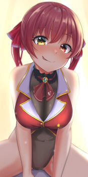 1girl arms_between_legs ascot bare_arms black_leotard blush breasts closed_mouth commentary_request covered_navel cropped_jacket gold_trim hair_between_eyes hair_ribbon heterochromia hololive houshou_marine houshou_marine_(1st_costume) jacket large_breasts leotard leotard_under_clothes licking_lips long_hair looking_at_viewer ramkilog red_ascot red_eyes red_hair red_jacket red_ribbon ribbon see-through_cleavage see-through_clothes sitting sleeveless sleeveless_jacket smile solo spread_legs tongue tongue_out twintails virtual_youtuber yellow_eyes