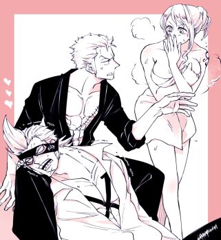 Rule 34 | 1girl, 2boys, arm tattoo, blank eyes, border, chabo (niwatori bosori), chest tattoo, collared shirt, commentary request, greyscale with colored background, hair bun, multiple boys, nami (one piece), one piece, pink border, roronoa zoro, shirt, short hair, sideburns, sidelocks, stitched torso, stitches, sweatdrop, tattoo, x drake