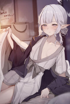 1girl alternate_costume alternate_hairstyle black_haori blue_archive blush breasts closed_mouth coa_(35_seno) grey_hair grey_sash hair_bun haori highres himari_(blue_archive) indoors japanese_clothes kimono looking_at_viewer mole mole_under_eye pointy_ears purple_eyes short_hair small_breasts solo sweatdrop under_covers white_kimono