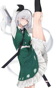 1girl 258n :o black_bow black_bowtie black_socks bloomers blue_eyes blunt_bangs blush bow bowtie breasts frills green_skirt green_vest hairband highleg highres katana konpaku_youmu konpaku_youmu_(ghost) leg_up legs long_sleeves looking_at_viewer medium_hair parted_lips shirt skirt small_breasts socks solo standing standing_on_one_leg sword thighs touhou underwear vest weapon white_background white_bloomers white_hair white_shirt