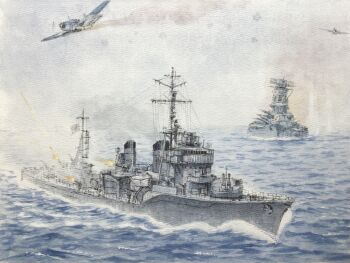 anti-aircraft anti-aircraft_gun atelier_bono battleship commentary_request destroyer firing highres imperial_japanese_navy kasumi_(destroyer) mast military_vehicle no_humans ocean operation_ten-gou original painting_(medium) rising_sun_flag sailing sb2c_helldiver ship ship_turret sunburst traditional_media under_fire warship watercolor_(medium) watercraft world_war_ii yamato_(battleship)