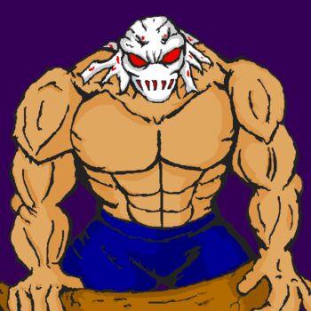 Rule 34 | 1boy, bad id, male focus, mask, muscular, namco, no pupils, pants, purple background, red eyes, rick (splatterhouse), rick taylor, simple background, solo, splatterhouse, topless male