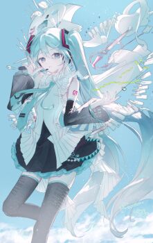 1girl aqua_hair aqua_necktie bare_shoulders black_boots black_skirt boots commentary copyright_request detached_sleeves english_commentary hatsune_miku headset highres instrument kumu39_(pixiv98385696) long_hair looking_at_viewer musical_note necktie number_tattoo paint_palette paintbrush pleated_skirt shirt shoulder_tattoo skirt sleeveless sleeveless_shirt solo tattoo thigh_boots very_long_hair violin vocaloid
