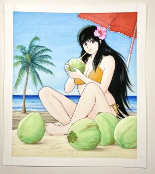 1girl asaoka_natsumi bare_legs barefoot beach bikini black_hair blue_sky border breasts brown_eyes cleavage closed_mouth coconut coconut_cup commentary_request drinking_straw drinking_straw_in_mouth feet flower food fruit full_body hair_flower hair_ornament hands_up hibiscus highres holding holding_food holding_fruit horizon indian_style large_breasts long_hair looking_at_viewer miura_mitsuru ocean official_artist_extra on_ground outdoors palm_tree parasol pink_flower side-tie_bikini_bottom sitting sky smile solo striped_bikini striped_clothes swimsuit the_kabocha_wine traditional_media tree umbrella very_long_hair white_border yellow_bikini