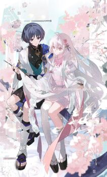 1boy 1girl antenna_hair aqua_kimono aqua_sleeves artist_request black_bodysuit black_sandals black_shorts blue_cape blue_gemstone blunt_ends bodysuit bridal_legwear cape closed_mouth commission commissioner_insert couple eyeliner eyeshadow feathers furisode gem genshin_impact gold grey_hair hair_between_eyes hakama hakama_shorts hayami_momo_(hayamimomo) hetero holding holding_scroll holding_smoking_pipe japanese_clothes juban kimono kiseru kneehighs layered_sleeves leg_warmers long_hair long_sleeves looking_at_another makeup obi obiage oc_x_canon okobo open_clothes open_kimono original pink_eyes pink_kimono pink_sash platform_sandals pleated_shorts pom_pom_(clothes) purple_eyes red_eyeliner red_eyeshadow sandals sash scaramouche_(genshin_impact) scroll second-party_source short_sleeves shorts shoulder_peek single_kneehigh single_sock single_thighhigh sitting_on_branch smile smoking_pipe socks split_mouth stirrup_legwear thighhighs toeless_legwear toes very_long_hair vision_(genshin_impact) wanderer_(genshin_impact) watermark watermark_grid white_hair white_kimono white_leg_warmers white_sleeves white_socks wide_sleeves yellow_feathers yukata zouri
