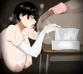 1boy 1girl anilingus anus artificial_vagina black_hair blush breasts chainsaw_man closed_eyes huge_breasts mitaka_asa penis saliva sex_toy testicles tongue tongue_out unipiano