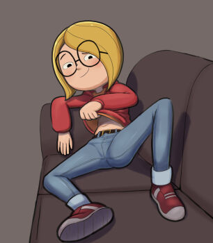 Rule 34 | 1girl, absurdres, belt, black eyes, blonde hair, blush, clothes lift, coach, full body, glasses, half-closed eyes, harriet m. welsch, harriet the spy, highres, hood, hoodie, looking at viewer, lying, pants, red hoodie, shirt lift, shoes, short hair, smile, smug, sneakers, solo, terzeebo