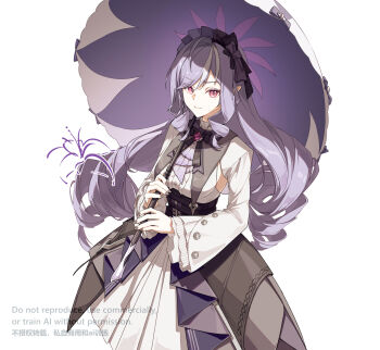 1girl ascot bingzhen_h2o black_nails bow bowtie breast_curtains center_frills closed_mouth drill_hair frills gem hairband highres holding holding_umbrella long_hair looking_at_viewer mole mole_under_eye pointy_ears purple_ascot purple_bow purple_bowtie purple_gemstone purple_hair purple_hairband purple_umbrella red_eyes shrug_(clothing) sideboob_cutout solo standing umbrella vivian_banshee white_background white_shrug zenless_zone_zero