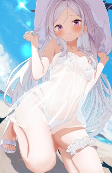 1girl alternate_costume armpit_crease beach bikini black_wings blue_archive blue_sky blush breasts closed_mouth cloud collarbone commentary demon_horns demon_wings dress feet frilled_bikini frilled_thigh_strap frills from_below grey_hair hair_over_shoulder hands_up hat highres hina_(blue_archive) horns kneehighs kneeling large_hat loli long_hair looking_at_viewer low_wings naiyoubuding navel ocean outdoors pink_eyes sandals see-through_clothes sidelocks sky small_breasts socks solo split_mouth straight_hair sunlight swimsuit thigh_strap toenails toes very_long_hair white_bikini white_dress white_hat white_sandals wings