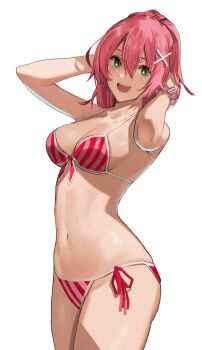 1girl arms_behind_head bikini breasts commentary double-parted_bangs eiyuu_densetsu green_eyes hair_between_eyes hair_ornament hairclip highres j@ck juna_crawford long_hair medium_breasts navel open_mouth pink_hair red_bikini sen_no_kiseki sen_no_kiseki_(series) sen_no_kiseki_i sen_no_kiseki_iii side-tie_bikini_bottom simple_background smile solo standing striped_bikini striped_clothes swimsuit teeth upper_teeth_only white_background