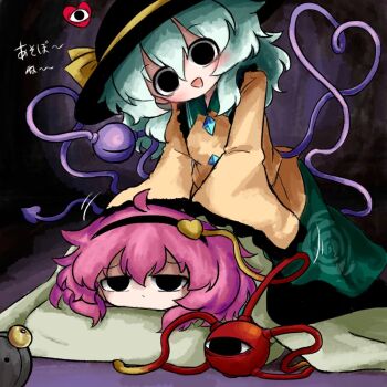 2girls alarm_clock black_eyes black_hairband black_hat blanket buttons clock diamond_button eyeball floral_print frilled_shirt_collar frilled_sleeves frills futon green_hair green_skirt hair_ornament hairband hat hat_ribbon heart heart_hair_ornament heart_of_string heripantomorrow komeiji_koishi komeiji_satori lying multiple_girls pillow pink_hair ribbon rose_print shirt siblings sisters skirt sleeves_past_wrists third_eye touhou translated under_covers waking_another wide_sleeves yellow_ribbon yellow_shirt