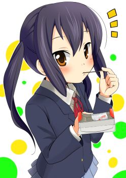 1girl ^^^ bad_id bad_pixiv_id black_hair blush brown_eyes female_focus food k-on! long_hair nakano_azusa neck_ribbon pocky polka_dot pov red_ribbon ribbon school_uniform sharing simple_background solo tatoon twintails white_background
