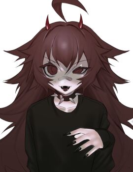 :d ahoge bandaid bandaid_on_face bandaid_on_nose black_nails black_sweater collar commission commissioner_upload fangs felicitee_(utatatane) fingernails half-closed_eye highres horns looking_at_viewer non-web_source open_mouth original red_eyes red_hair red_horns ro47 sharp_fingernails skeb_commission smile spiked_collar spikes sweater uneven_eyes upper_body