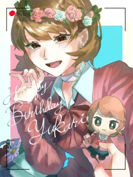 1girl 1other blush bow brown_eyes brown_hair character_doll character_name choker commentary_request doll english_text flipped_hair hand_up happy_birthday heart heart_choker highres holding holding_doll long_sleeves looking_at_viewer miramintkurun open_mouth persona persona_3 pink_sweater recording red_bow short_hair smile solo_focus sweater takeba_yukari upper_body viewfinder white_choker