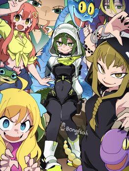 Rule 34 | 6+girls, absurdres, albis (tensura), animal, arknights, arknights: endfield, artist name, black hair, blonde hair, blonde streaks, blue eyes, boa sandersonia, bongftah, brown hair, claw pose, commentary, crossover, ekans, evil smile, fangs, fluorite (arknights), gary de'snake, gen 1 pokemon, green hair, highres, jashin-chan, jashin-chan dropkick, kung fu panda, lamia, looking at viewer, medusa gorgon, miia (monster musume), monster girl, monster musume no iru nichijou, multicolored hair, multiple crossover, multiple girls, nintendo, one piece, pokemon, pokemon (creature), red hair, smile, snake, snake girl, snake tail, soul eater, tail, tensei shitara slime datta ken, trait connection, two-tone hair, untranslatable commentary, viper (kung fu panda), zootopia 2