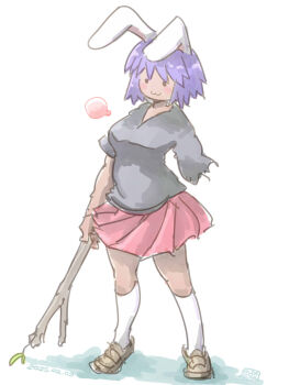 1girl animal_ears breasts brown_shoes closed_mouth commentary_request cookie_(touhou) dated fake_hisui_(cookie) full_body grey_shirt highres holding holding_stick itini-sanshi looking_at_viewer medium_breasts mob_face pink_skirt pleated_skirt purple_hair rabbit_ears reisen_udongein_inaba shirt shoes short_hair simple_background skirt socks solid_circle_eyes solo stick touhou white_background white_socks
