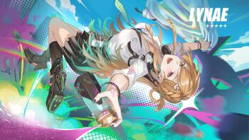 1girl absurdres aqua_necktie black_skirt black_socks blonde_hair breasts commentary earrings english_commentary from_side graffiti hair_between_eyes hair_ornament headphones headphones_around_neck highres jewelry large_breasts long_hair looking_at_viewer lynae_(wuthering_waves) midair multicolored_nails necktie open_mouth purple_eyes roller_skates shirt shirt_tucked_in skates skirt smile socks solo star_(symbol) star_earrings webe_nyunyu white_shirt wuthering_waves